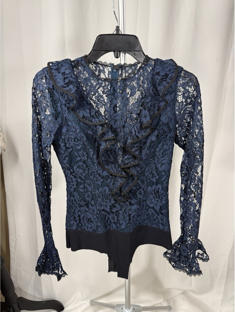 Alexis Navy Lace Ruffle Bodysuit XS Long Bell Sleeve Thong Sheer Designer Top